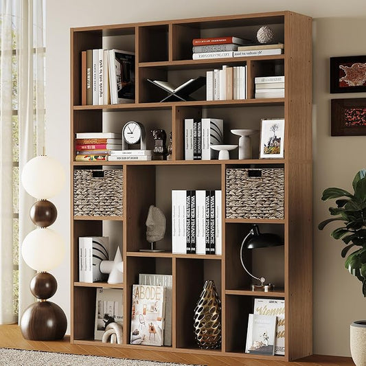 BLANKSPACE 71" H Large Bookcase with 6 Open Shelves & 2 Foldable Baskets - Heavy Duty Storage Bookshelf for Home Office, Living Room, Freestanding Organizer, Yili Oak