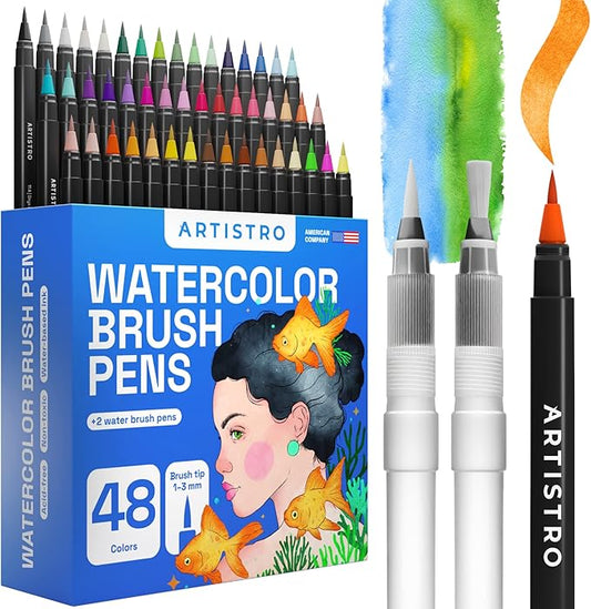 ARTISTRO 48 Watercolor Markers with Flexible Paint Brush Pens for Pros & Beginners - Consistent, Smooth, Bright, Washable, Non-Toxic, Ideal for Coloring, Calligraphy, & Manga