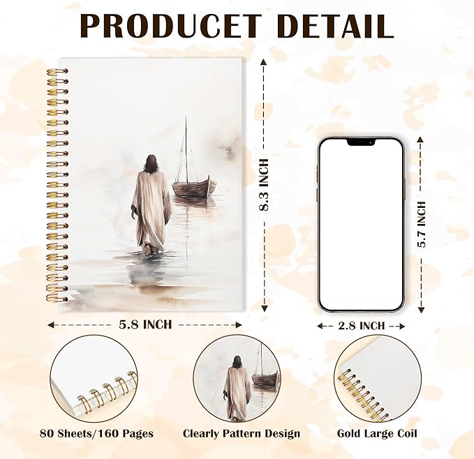 Qabliqo Watercolor Christian Jesus Spiral Notebooks, Jesus Walking on Water Journals for Writing, Prayer Journal, Christian Gifts for Women Men, Religious Notebook for Note Taking, 5.5x8.3 Inch