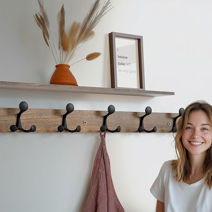 SKOLOO 39-Inch Wood Burnt Coat Rack Wall Mount with 6 Triple Hooks - Ideal for Family Entrances, Classrooms, and Pet Supplies Storage - Perfect Coat Hooks for Wall