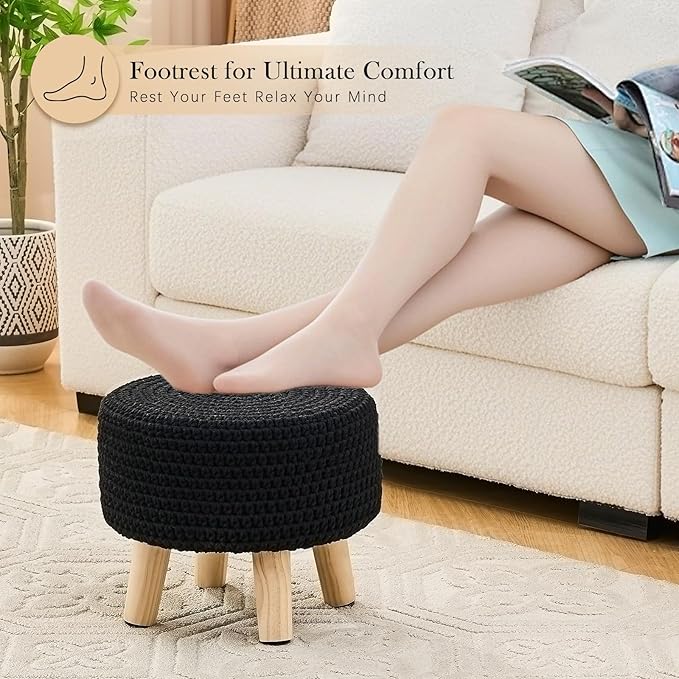 Boho Ottoman Foot Stool Cotton Knitted Round Pouf Ottoman Foot Rest Stool with Non-Skid Wooden Legs Step Stool Padded Seat for Living Room Black