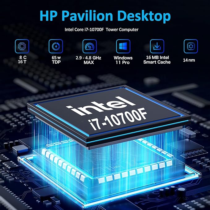 HP Pavilion Tower Desktop Computer, Intel 8-Core i7-10700F up to 4.8GHz, 64GB DDR4 RAM, 4TB PCIe SSD, GeForce GT 610 2GB, WiFi 6, Bluetooth, RJ-45, Type-C, KB & Mouse, Black, Windows 11 Pro, Tichang