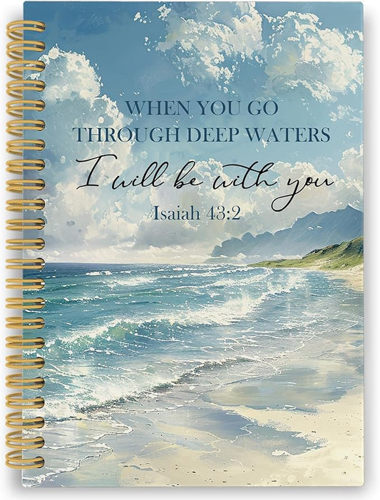 Ocean Christian Spiral Notebook, Coastal Bible Journaling Notebooks for Women Men, Religious Beach Hardcover Journals for Office 160 Pages 5.5 x 8.3 Inch, Scripture Gifts for Women Faith