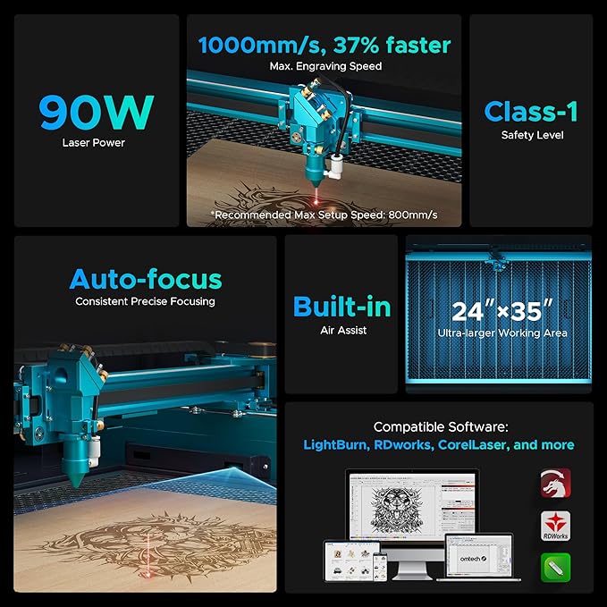 OMTech Pronto 90W CO2 Laser Engraver & Cutter – 35"x24" Workspace, 1000mm/s Speed, Autofocus, Air Assist, 2-Way Pass, for Wood, Acrylic & More