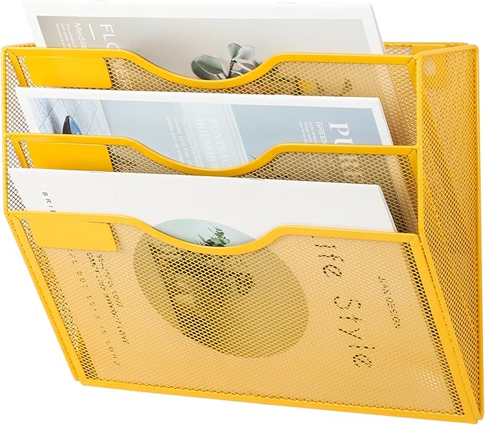 EASEPRES 3 Pocket Mesh Hanging Wall File Organizer, Wall Mounted Mail Paper Document Folder Holder, Clipboard Storage Organization Magazine Rack with Nametag Label for Office Home School, Yellow