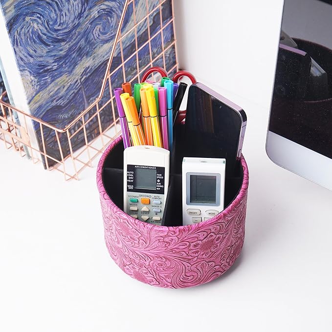lizimandu Round Leather Art Supply Organizer,Remote Control Holder,360 Degree Spinning,Multi-Functional Pencil Holder,4 Compartments Desktop Stationary Organizer(1-Carved Red2)