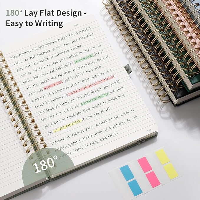 EMSHOI Spiral Notebook College Ruled, 300 Numbered Pages, A5 Small Hardcover Leather, 100 GSM Thick Lined Journal for Women Men Work Writing Journaling Note Taking, 5.7" x 8.22", Black