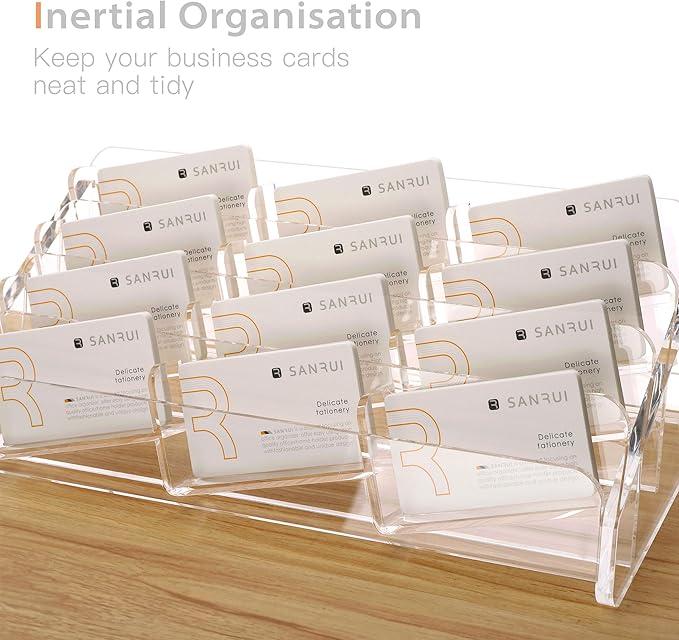 SANRUI Acrylic Business Card Holder for Desk, 4 Tier Clear Tilt Business Name Card Display Holders Stand Storage Organizer Fits720 Business Cards (Horizontal, 12-Slot)