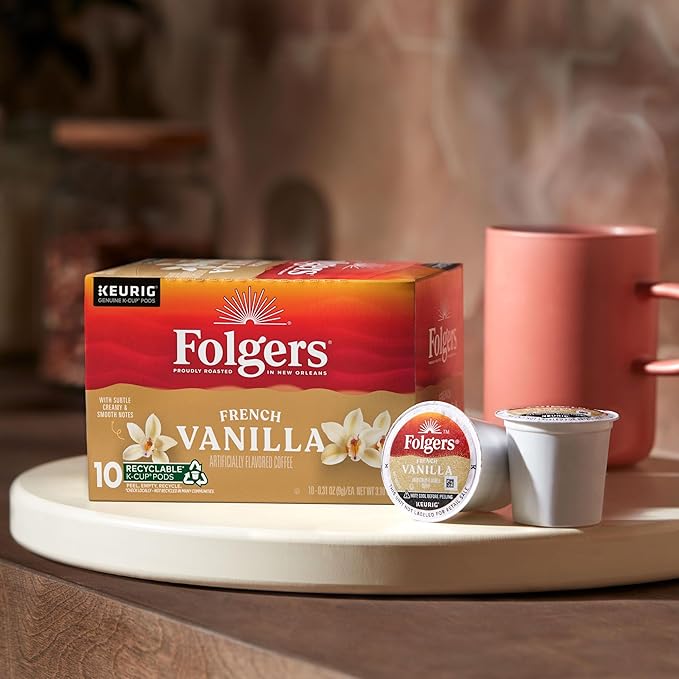 Folgers French Vanilla Artificially Flavored Coffee, Keurig K-Cup pods, 10 Count Box (Pack of 6)