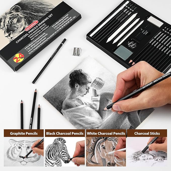 Drawing Sketching Pencil Set, 24 Piece Pro Artist Sketch Kit - Graphite Pencils (12B-4H),Charcoal Pencils for Drawing,Black and White Charcoal Pencils,Charcoal Sticks,Stumps,Eraser,Sharpeners