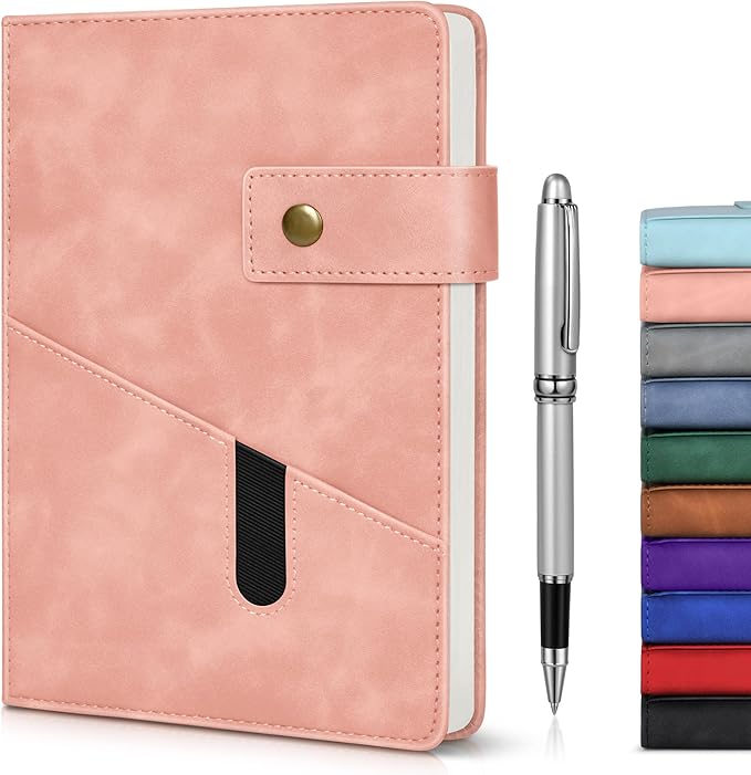 Pink A5 Lined Leather Journal Notebook for Men Women,5.9" X 8.4" Personalized Hardcover Journal with Pen,200 Pages 100 Gsm Thick Ruled Paper Daily Diary for Travel,Business,Work,Writing