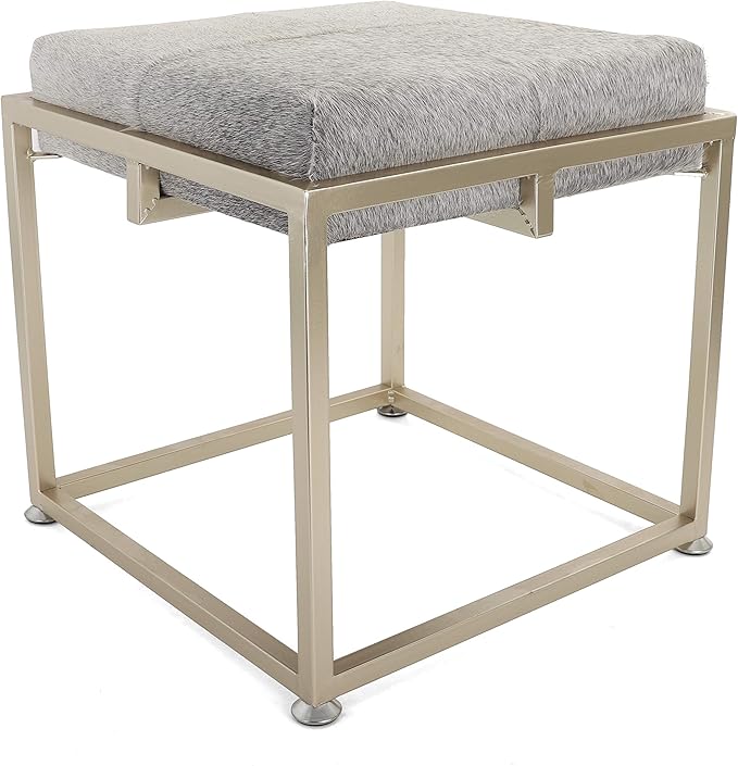 Rutledge & King Cowhide Ottoman/Vanity Stool - Square Ottoman Stool - White Ottoman/Grey Ottoman Foot Rest - Cowhide Grey & White Stool - Gold Stool - Cow Ottoman - Cow Fur Stool (Gold)