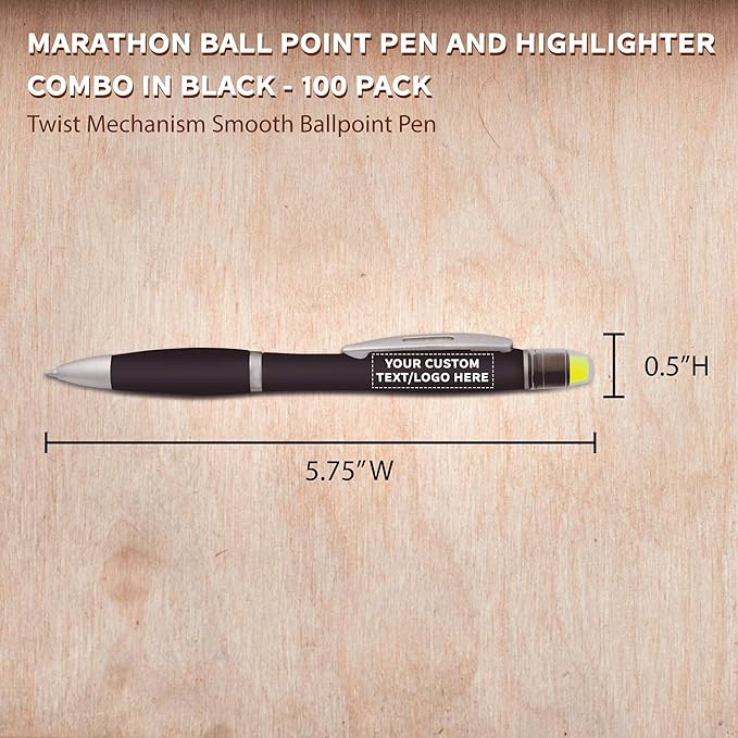 DISCOUNT PROMOS 100 Marathon Gel Highlighter Pens Pack - Customizable Text, Logo - Twist Mechanism, Ballpoint - Black