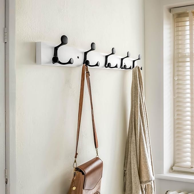 SKOLOO 30-Inch White Wood Coat Rack Wall Mount with 5 Triple Hooks - Ideal for Family Entrances, Classrooms, and Pet Supplies Storage - Perfect Coat Hooks for Wall