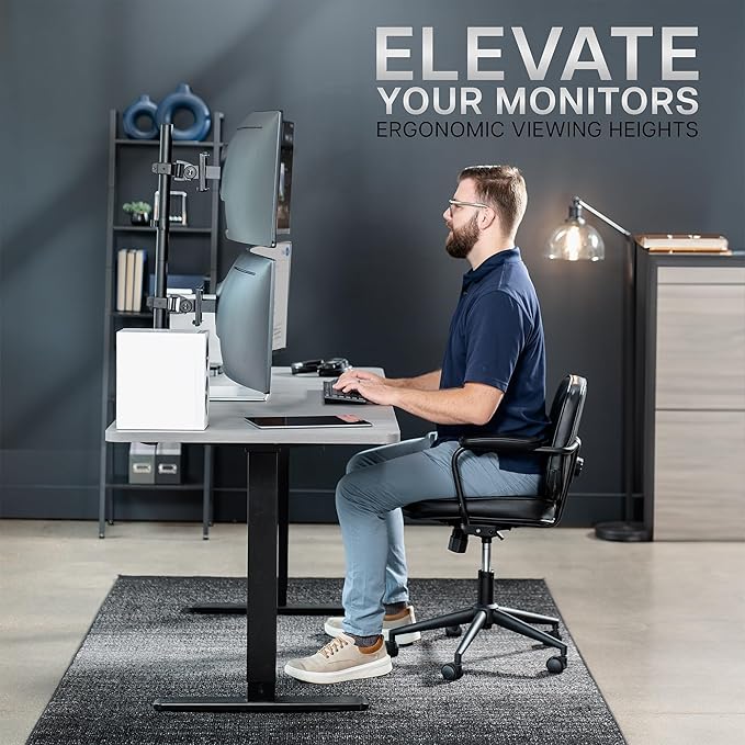 VIVO Dual Vertically Stacked Ultra-Wide Monitor Desk Mount for up to 49 inch Ultrawide Screens, Extra Tall Heavy Duty Adjustable Stand Holds 44 lbs Per Screen, Black, STAND-V202R