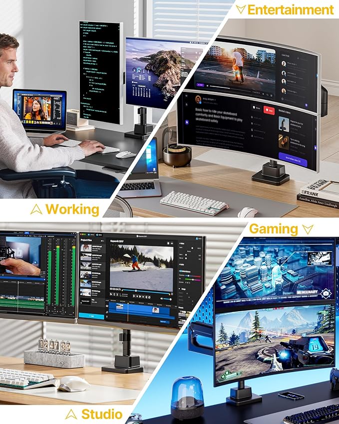 monTEK Dual Monitor Arm for up to 57" and 59.4 lbs Ultrawide Screen, Aluminum Heavy-Duty Gas Spring Vertical Stackable Curved Screen Adjustable Monitor Stand, 75/100mm Vesa Mount, Black