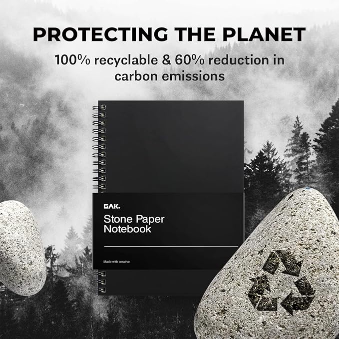 GAK. Stone Paper Waterproof Spiral Notebook, 7.20”x10.11”, 50 sheets, Durable Notebook, Eco-Friendly Mineral Stone Paper Notebook, Waterproof Notepad, Ruled, Black