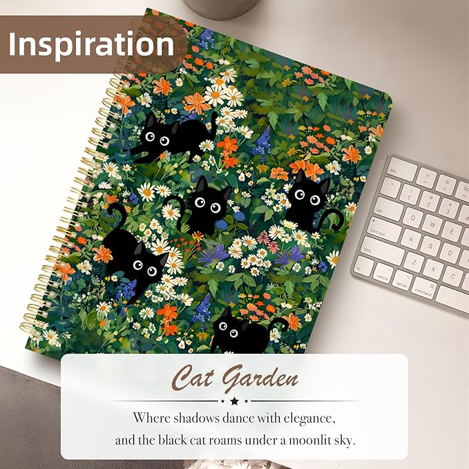 Cute Spiral Notebook journal A4 Aesthetic Pretty Design for Women Girls Kawaii with Pocket, 8.5 x 11 inch, Lined, Cat Garden