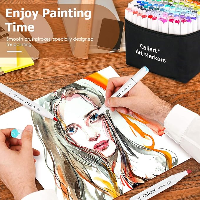Caliart Markers, 100 Colors Dual Tip Art Markers Sketch Pens Permanent Alcohol Based, with Case for Adult Kids Halloween Drawing Sketching (White Barrel)