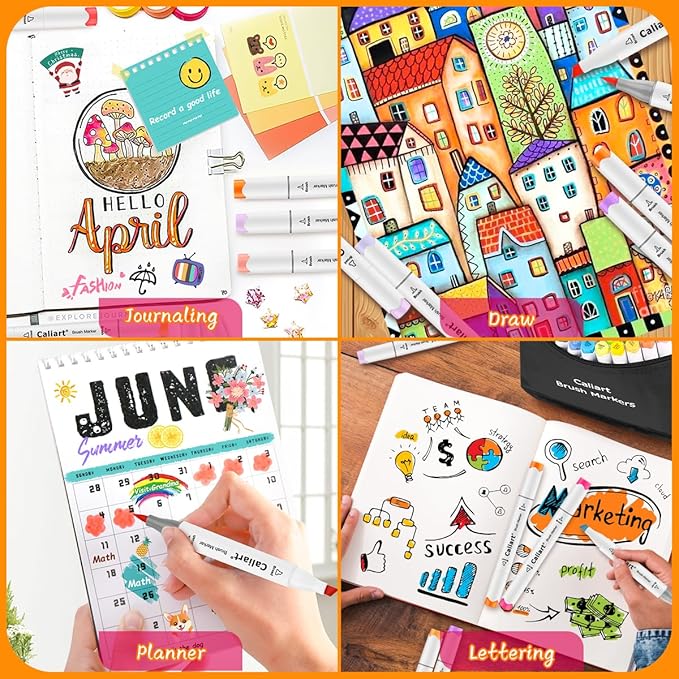 Caliart 52 Colors Fine & Chisel Alcohol Markers for Adult Coloring Book, Dual Tip Artist Sketch Art Markers, Aesthetic Cute Preppy Stuff School Supplies, Pens for Lettering Drawing Cards Planner