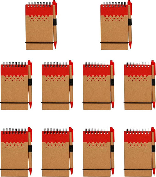 DISCOUNT PROMOS 10 Recyclable Spiral Small Notebooks Pack - 60 Lined Pages - Red