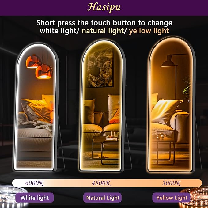 Hasipu 71" x 28" LED Mirror - Full Length with Lights, Arch Design, Wall Mounted, Dimming & 3 Color Modes
