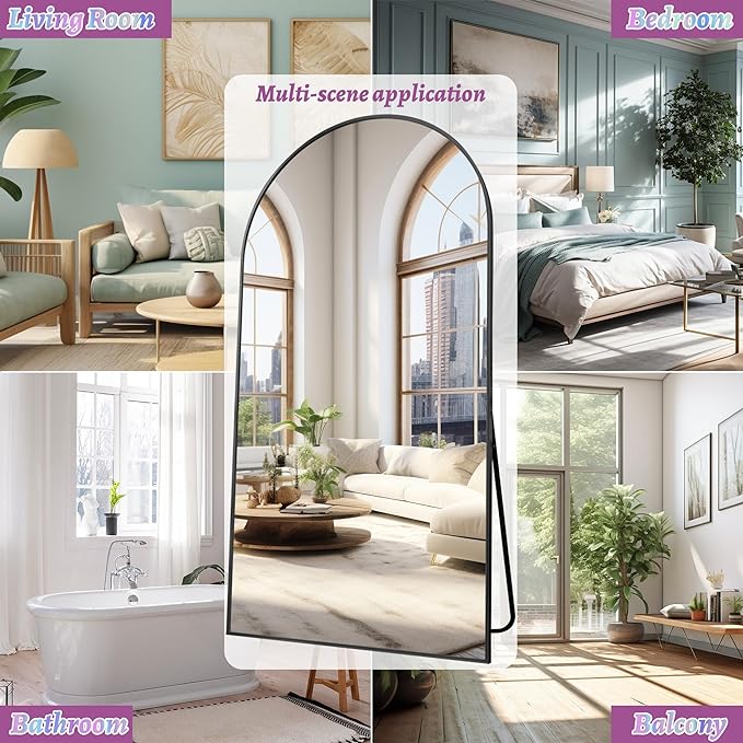 Full Length Mirror, 78"x38" Oversized Floor Mirror Freestanding, Full Body Floor Standing Mirror with Stand, Hanging Mounted for Bedroom Living Room, Black, Arched Style