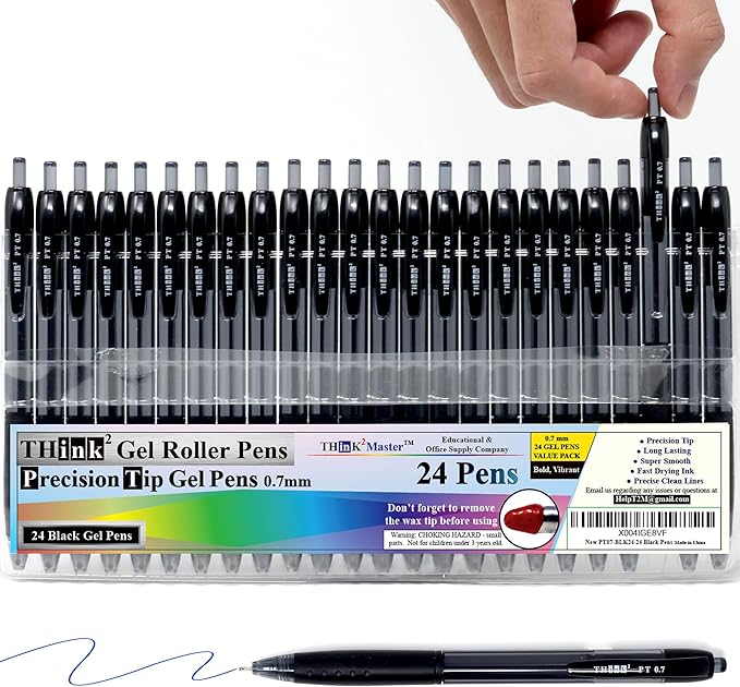 THINK2MASTER [24 Pens - Black Ink Think2 0.7mm Precision Tip Gel Pens. (24 Black) Fine Point Small Rollerball Pens with Smooth Quick Drying Ink.