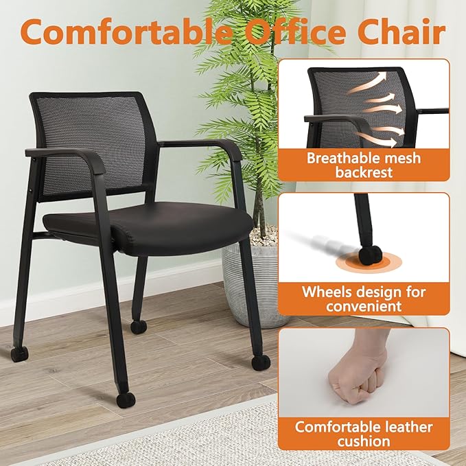 CLATINA Stacking Office Chair with Wheels, Mesh Back Waiting Room Guest Chairs with Arms Comfortable Leather Cushion Stackable Desk Chair for Conference Reception School Side Stationary, Black, 4PK