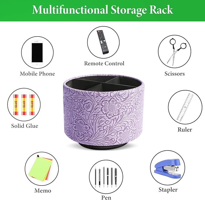 lizimandu Round Leather Art Supply Organizer,Remote Control Holder,360 Degree Spinning,Multi-Functional Pencil Holder,4 Compartments Desktop Stationary Organizer(1-Carved Puple)