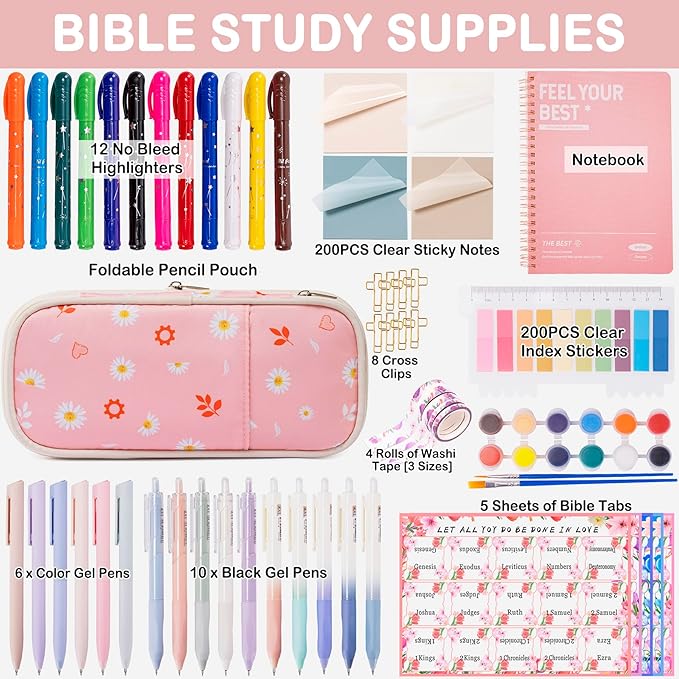 Bible Journaling Supplies for Women - Complete Kit with Pencil Bag, 12 Highlighters For Bibles That Do Not Bleed,16 Pens, 75 Tabs, A5 Notebook - Christian/Catholic Gifts, Pink with Daisies