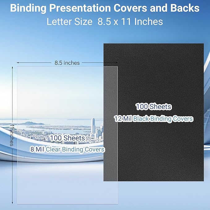 Ndsox 200 Pack Binding Covers and Backs Set 8.5 x 11 Inches Letter Size, 100 8-Mil Clear Binding Covers, 100 12-Mil Black Sand-Textured Binding Presentation Polycovers, Un-Punched, Square Corners