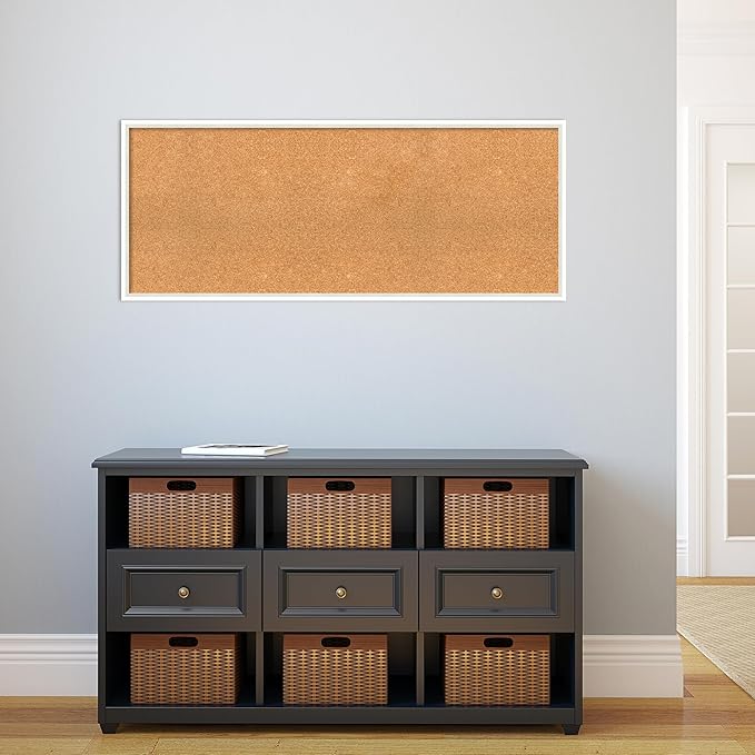 Amanti Art Natural Cork Board for Wall, 19x47 Vision Board with White Frame, Oversize Corkboard Office Decor for Home Organization, Modern Corkboard Pinboard to Display Items for Home Organization in