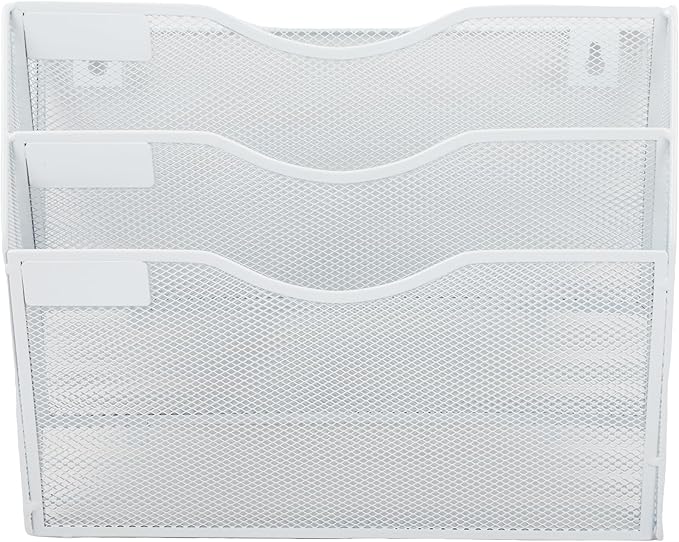 EASEPRES 3 Pocket Mesh Hanging Wall File Organizer, Wall Mounted Mail Paper Document Folder Holder, Clipboard Storage Organization Magazine Rack with Nametag Label for Office Home School, White