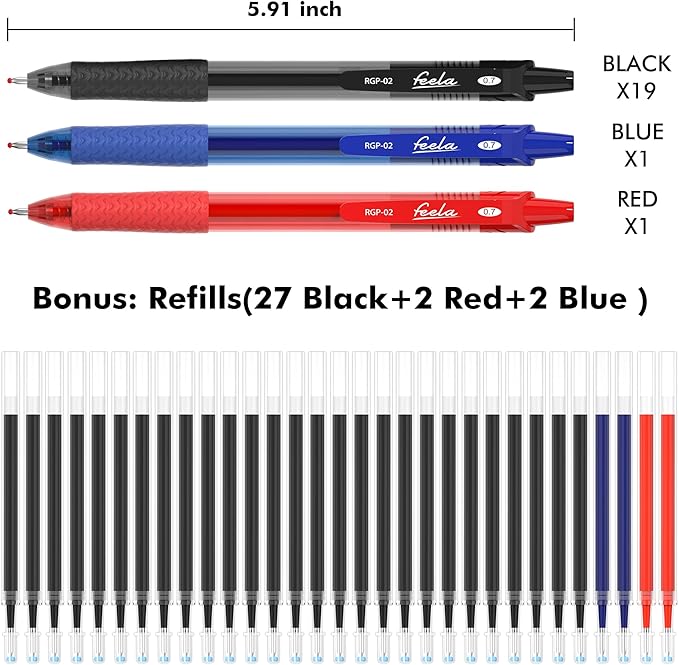 feela 52 Pack Retractable Black Ink Gel Pens, Premium Medium Point Rollerball Pens for School Smooth Writing with Comfort Grip(19 Black with 27 Refills+1 Blue with 2 Refills+1 Red with 2 Refills)