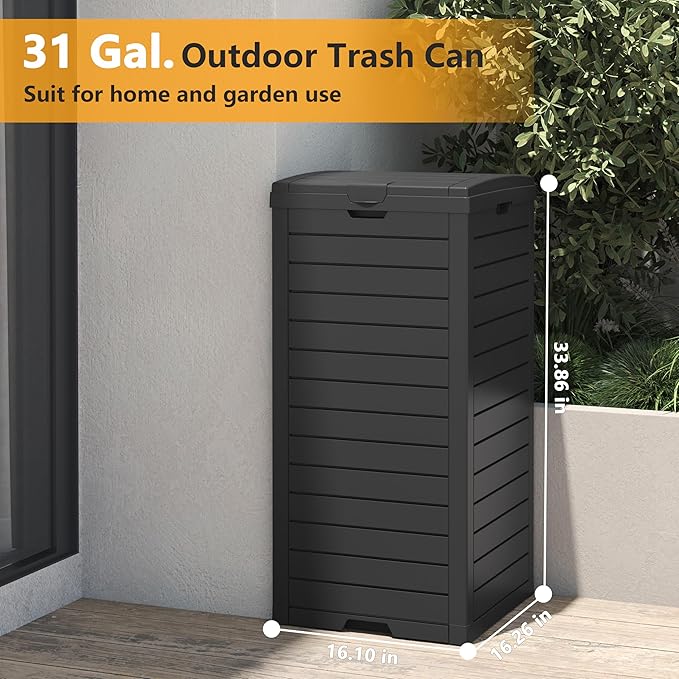 Outdoor Trash Can, 31 Gallon Garbage Can with Tiered Lid and Drip Tray, Waterproof Resin Patio Waste Bin for Garden, Backyard, Deck