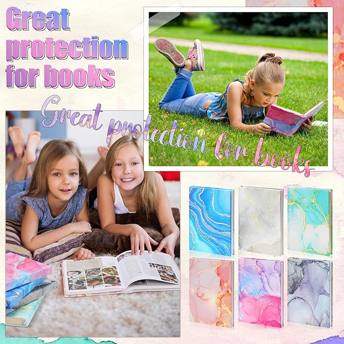 Yexiya 6 Pcs Stretchable Book Cover Jumbo Fabric Book Covers Colorful Pattern Book Protector Washable Reusable Protective Textbook Cover for Hardcover Textbooks up to 9 x 11 in (Marble Pattern)