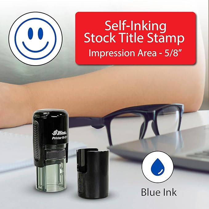 Shiny Smiley Face Teacher Stamp, Round Self Inking Stamp for Classroom, Blue Ink
