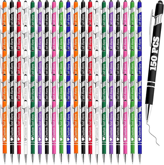 Personalized Pens Bulk 150 with Name Custom Engraving Ballpoint Pens with Stylus Tip Customized Smooth Writing Pens Personalized Gifts for Anniversary Birthday or Graduation(Assorted,Black Ink)