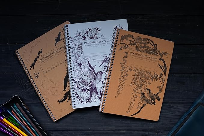 Decomposition 3-Pack Feathered Friends College Ruled Spiral Notebook - 9.75 x 7.5 Journal, 160 Lined Pages - 100% Recycled Paper - Notebooks for School Supplies, Home & Office - Made in USA