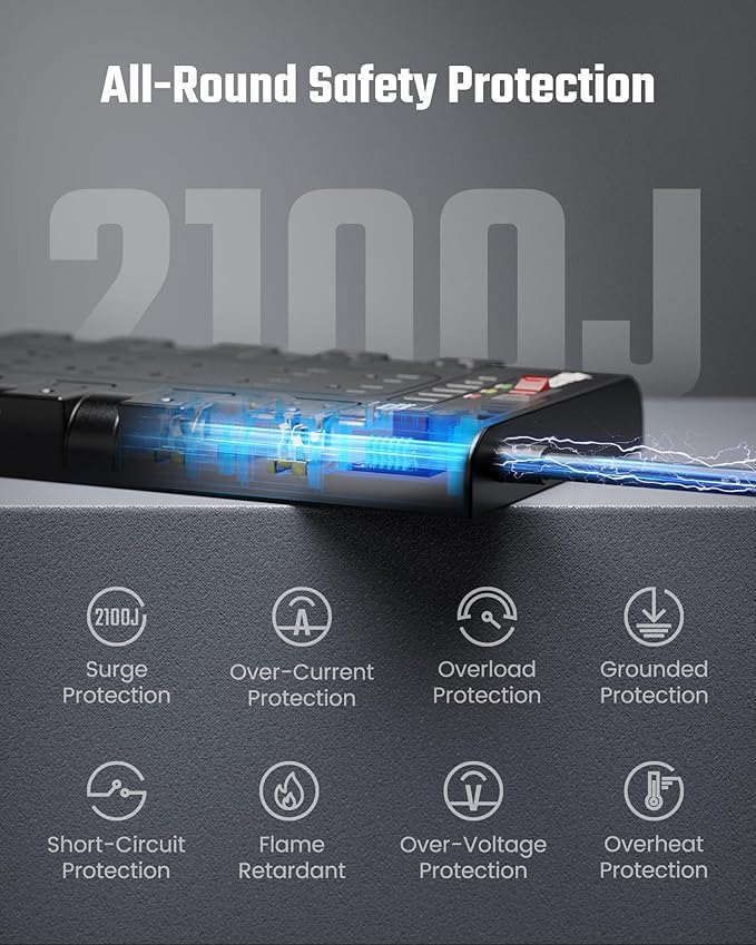 Surge Protector Power Strip, SUPERDANNY Charging Station 22 Outlets with 45W Type-C Fast Charging USB Ports, 4 USB-A, 2 USB-C, 2100J, 15A/1875W, 6.5Ft Flat Plug Extension Cord for Home Streaming Black