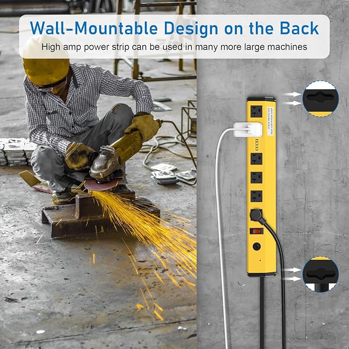 CCCEI Heavy Duty Power Strip Surge Protector 20 Amp, High Amp Industrial Shop Garage Metal Multiple Outlets, 4 FT 12 Gauge 5-15P Extension Cord 6 Outlet 6-20R T-Slot 20a for Appliance, Yellow.