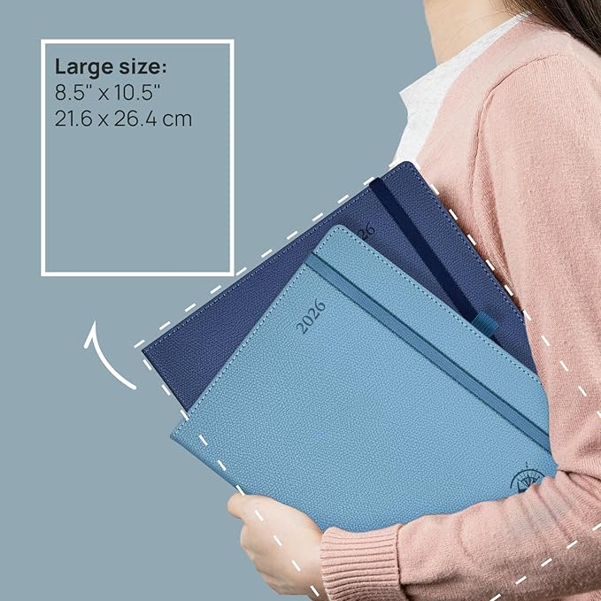 POPRUN Weekly Planner 2026 Calendar (Large 8.5" x 10.5") 12 Months Notebook with Horizontal Layout, Leather Hardcover, Inner Pocket, 100GSM Thick Paper, Pen Holder - Navy Blue