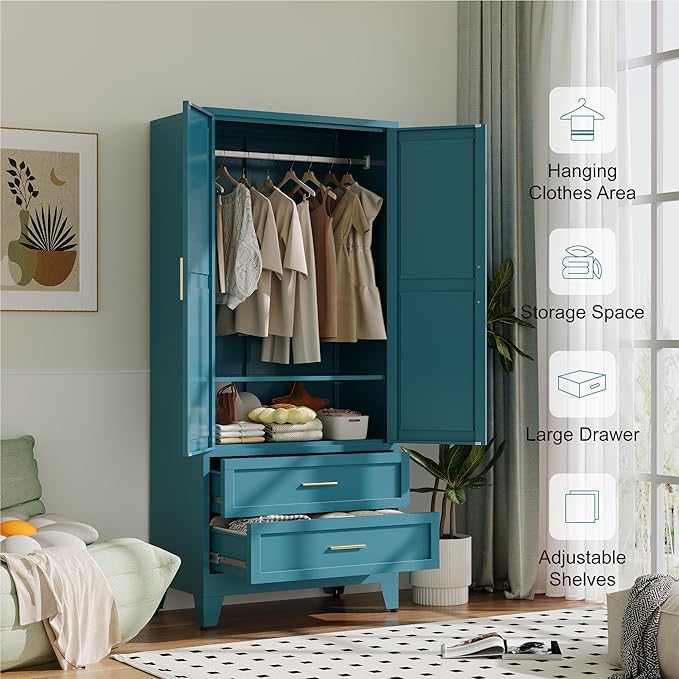Metal Wardrobe Cabinet with Hanging Rod, 71" Armoire Wardrobe Closet with 2 Drawers,Farmhouse Metal Clothing Storage Cabinets with Door and Adjustable Shelves for Bedroom,Laundry Room(Blue)