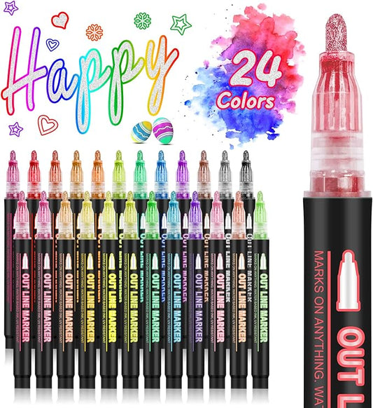 24-Color Metallic Outline Markers for Kids - Double Line Glitter Pens for Drawing, Cards & Crafts