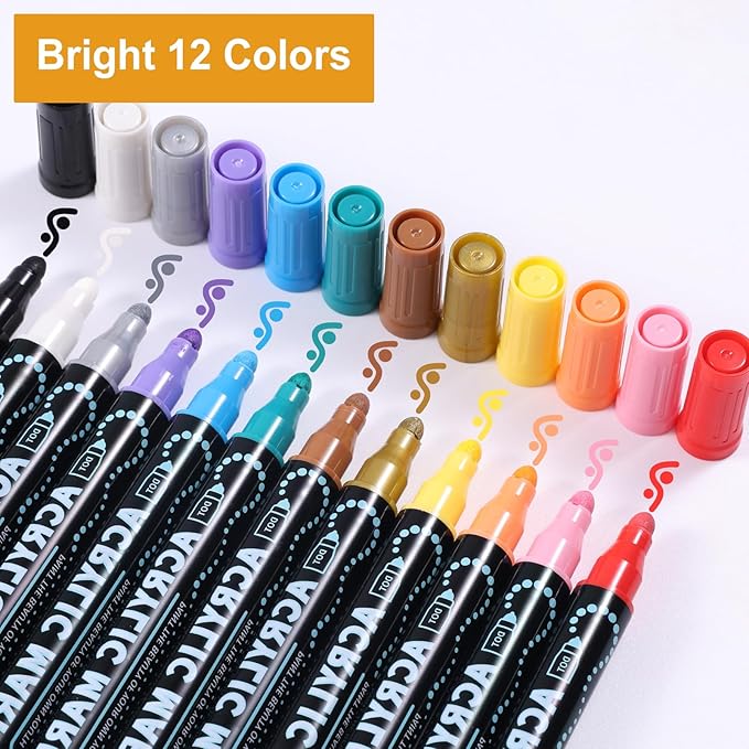 12 Colors Waterproof Dual Tip Acrylic Paint Pens, Dot & Fine Tip Premium Coloring Drawing Markers Set for Wood, Rock Painting, Canvas, Glass, Ceramic Surfaces and DIY Crafts Making Art Supplies