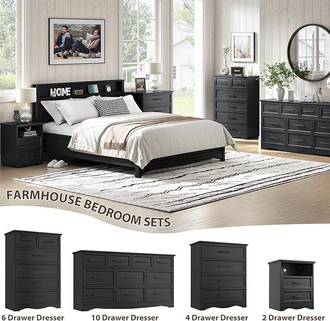 Black Nightstand with Charging Station, Farmhouse End Table with 2 Drawers, Bedside Table with Space-Saving Storage Cabinet, Unique Base Design for Bedroom & Living Room