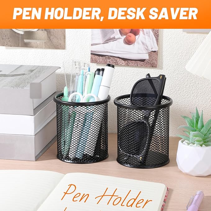 Segarty Pen Holder, 3 Pack Round Black Pen Cup Holder for Desk, Wire Mesh Pencil Containers Set for Office Supplies, School Maker, Home Desktop Accessories Organizer, Makeup Brush