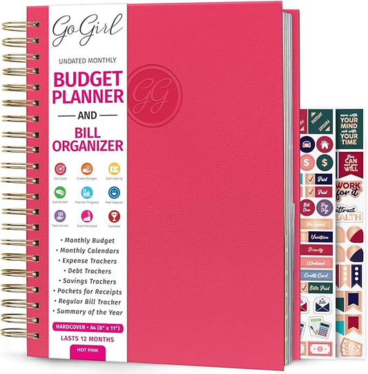 GoGirl Budget Planner & Monthly Bill Organizer – Monthly Financial Book with Pockets. Expense Tracker Notebook Journal, Large (Hot Pink)
