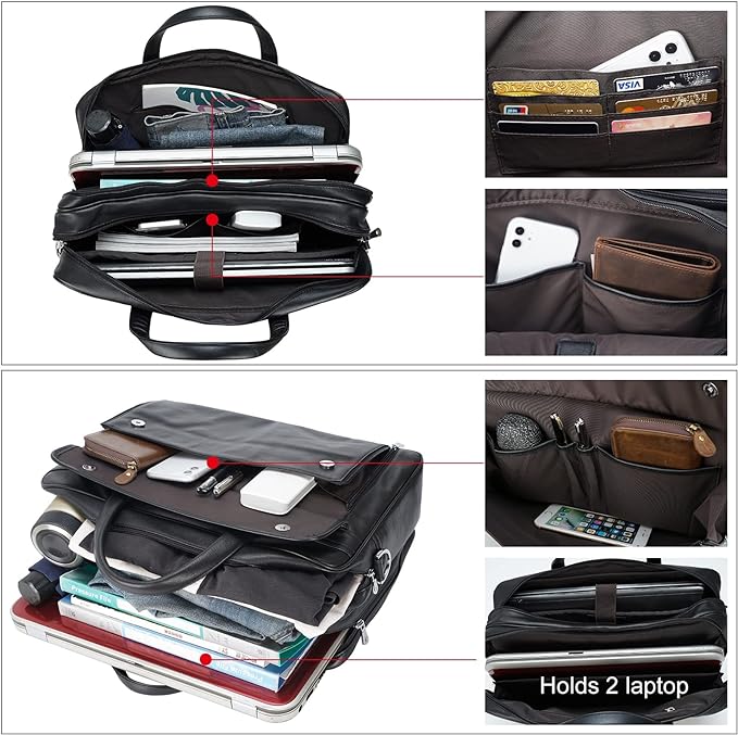 Masa Kawa Leather Briefcase for Men 15.6" - 17" Laptop Computer Case Business Travel Work Messenger Cross Body Shoulder Bag